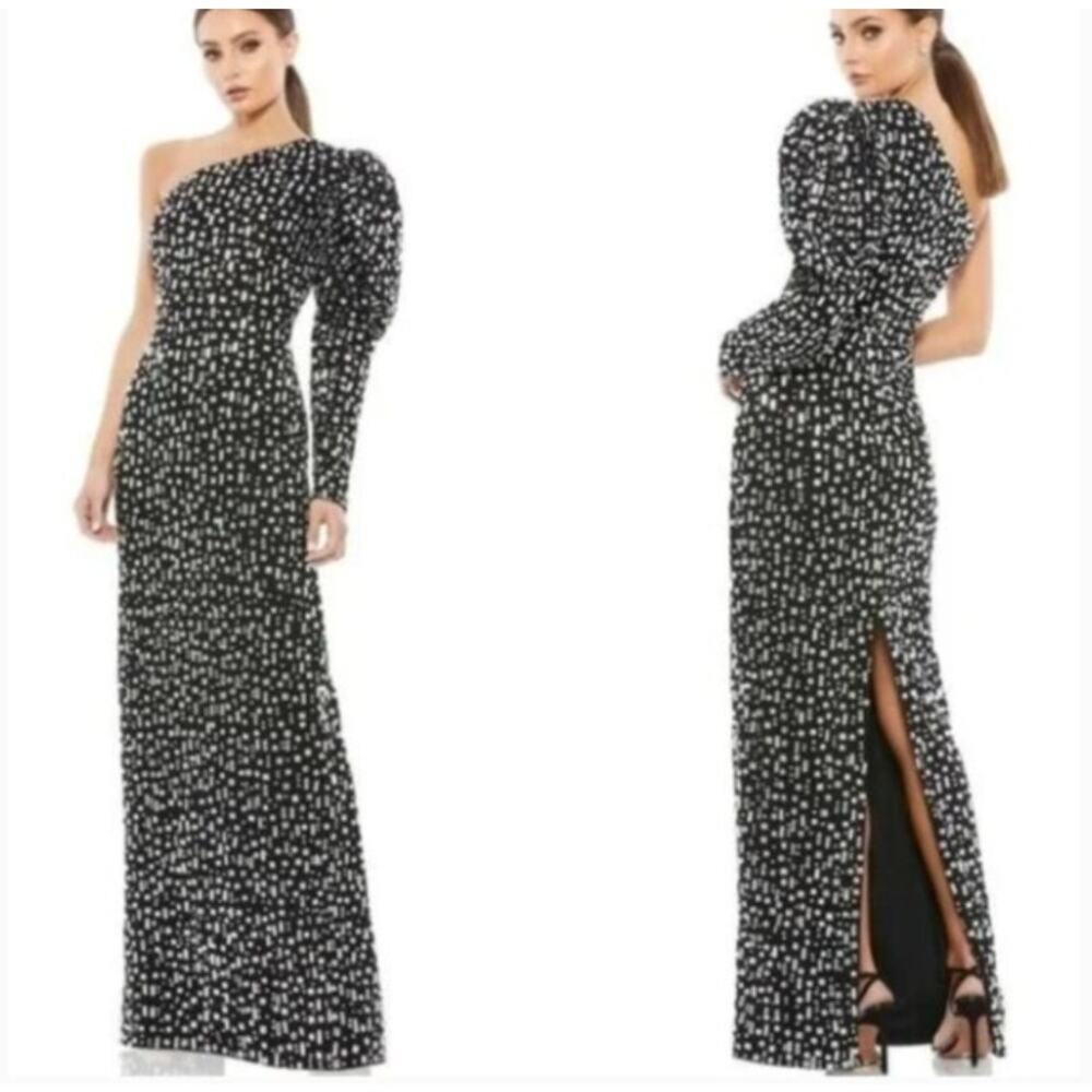 80s Glam Statement One Shoulder Puff Sleeve Black Silver Gown Formal 8 NWT